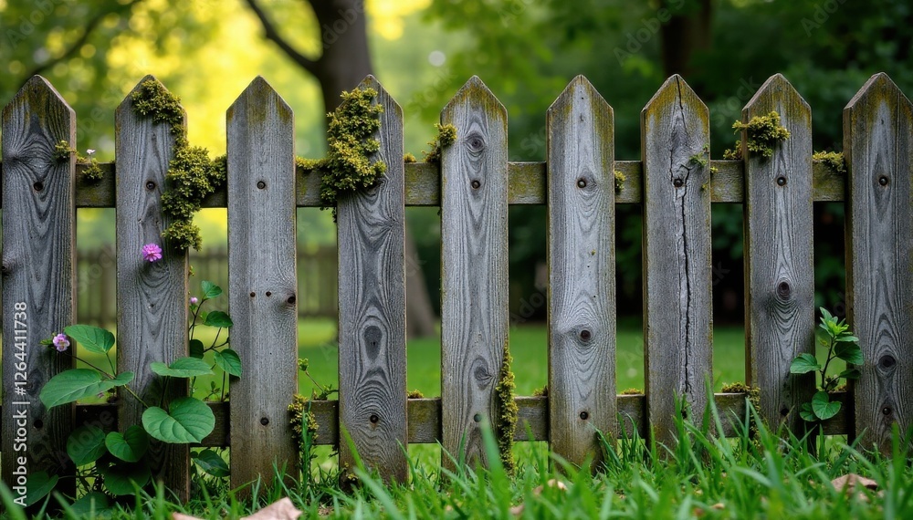Naklejka premium Weathered wooden fence with lichen and moss growth, weathered, wooden fence, moss