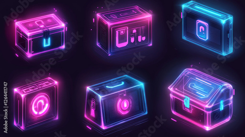 Game futuristic boxes, future technology chests open, closed. Icons of sci-fi equipment, loot boxes with electronic lock and display with neon light, vector cartoon illustration isolated on background