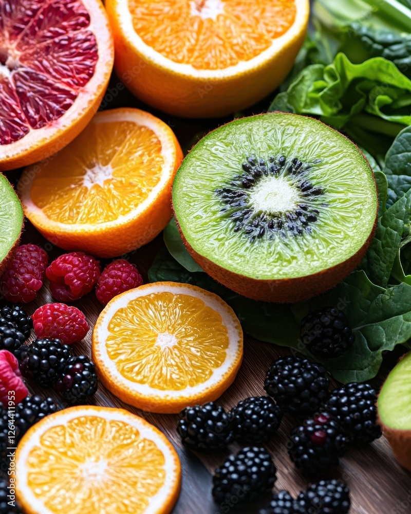 A vibrant assortment of fresh fruits, including oranges, kiwis, raspberries, and blackberries, surrounded by leafy greens. A vibrant assortment of fresh fruits, including oranges, kiwis, raspberries, and blackberries, surrounded by leafy greens.