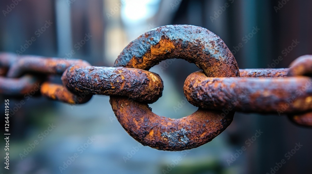 Rusty chain links close-up shot, showing texture and age. Illustrates concepts of connection, strength, or decay.