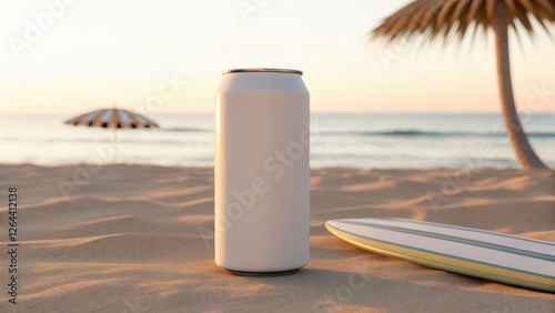 Fototapeta Naklejka Na Ścianę i Meble -  White plain soda can mockup on a beach with sea background in sunset time. Concept for Cold drinks advertise commercial