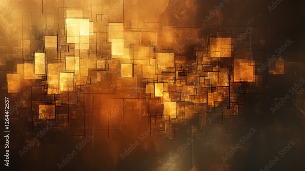 A modern abstract tech overlay, featuring shifting golden pixels over a fluid deep brown background.