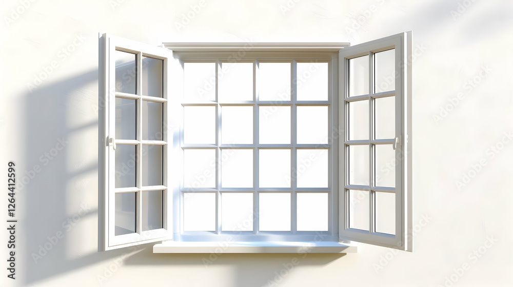 Open white window with multiple panes, casting shadows on a light-colored wall, serene atmosphere Open white window with multiple panes, casting shadows on a light-colored wall, serene atmosphere