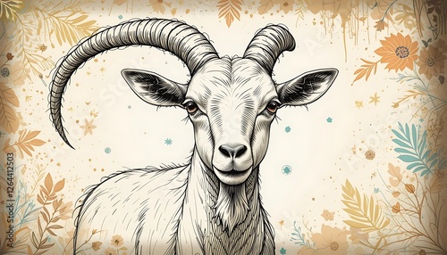 Detailed Vintage Illustration of a Majestic Goat with Elegant Curving Horns Against a Floral Background