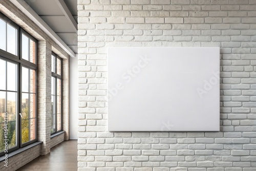 Blank canvas frame on white loft brick wall with window and hallway