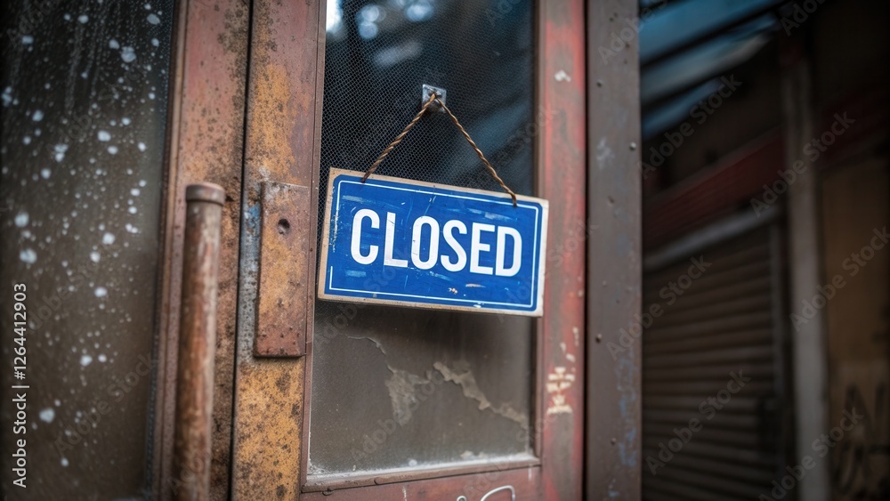 Closed sign hanging from old shop store door. Concept for Small business disruption Closed sign hanging from old shop store door. Concept for Small business disruption