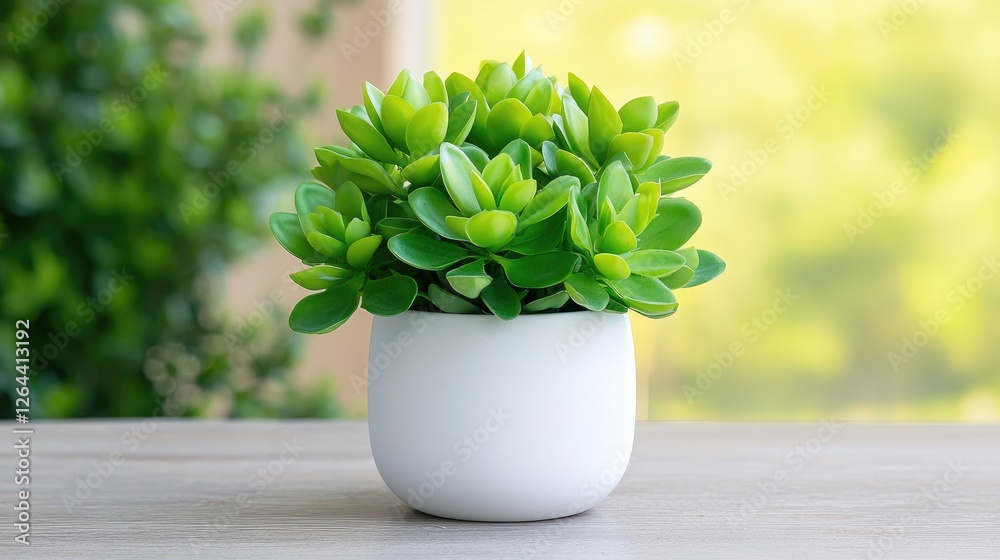 Green succulent in white pot on table, garden view Green succulent in white pot on table, garden view