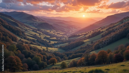 Breathtaking Sunset Over Rolling Green Hills and Lush Autumnal Forests in a Serene Mountain Valley