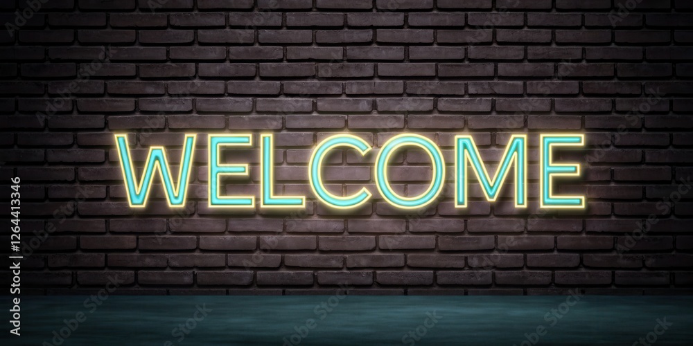 Fototapeta premium Welcome sign neon light on a brick wall background