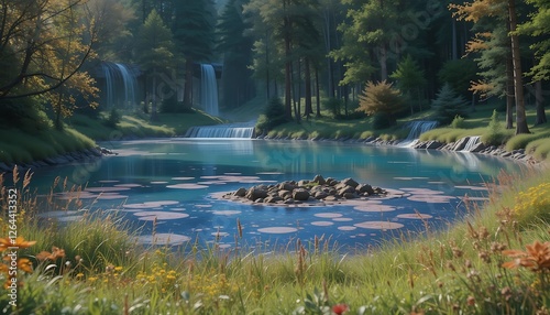 Serene Enchanting Forest Lake with Waterfalls and Lily Pads