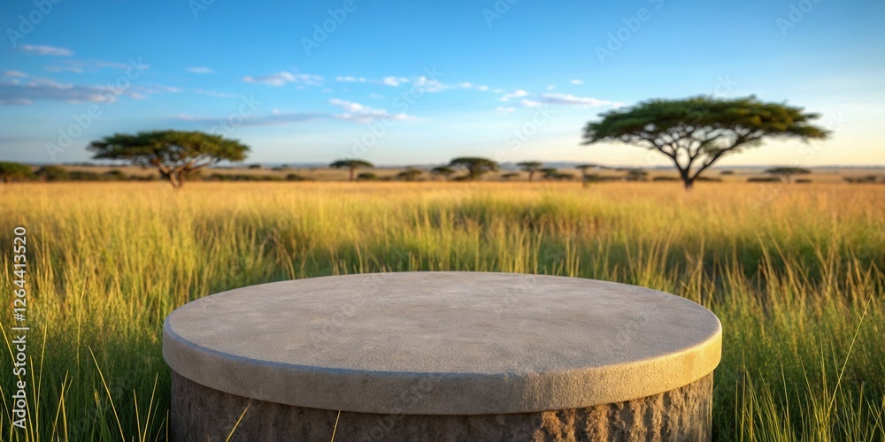 Empty round stone podium with africa savanna background Empty round stone podium with africa savanna background