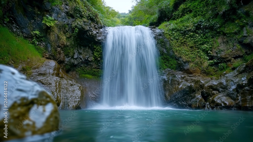 Lush Waterfall Cascades Into a Turquoise Pool Surrounded By Tropical Greenery and Rocks Lush Waterfall Cascades Into a Turquoise Pool Surrounded By Tropical Greenery and Rocks