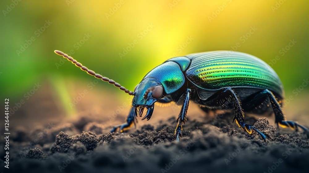 Close-Up of Colorful Beetle Crawling on Soil with Blurred Nature Background Close-Up of Colorful Beetle Crawling on Soil with Blurred Nature Background