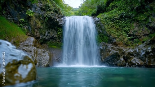 Lush Waterfall Cascades Into a Turquoise Pool Surrounded By Tropical Greenery and Rocks