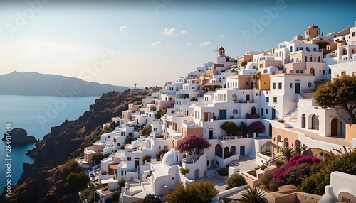 Stunning Aerial View of Oia, Santorini Greece: Whitewashed Houses, Caldera Cliffs, Aegean Sea