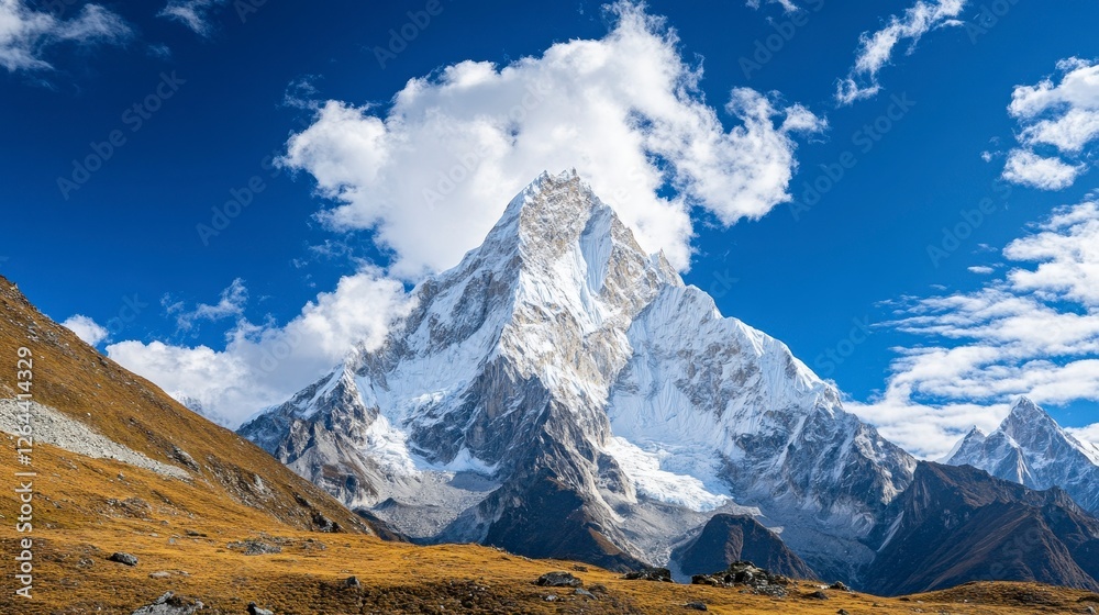 Fototapeta premium Magnificent Snow Capped Mountain Peak Against a Bright Blue Sky with White Clouds