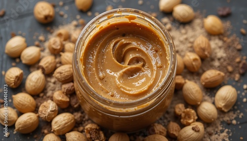 Close-up view of creamy peanut butter in a glass jar surrounded by peanuts and peanut powder
