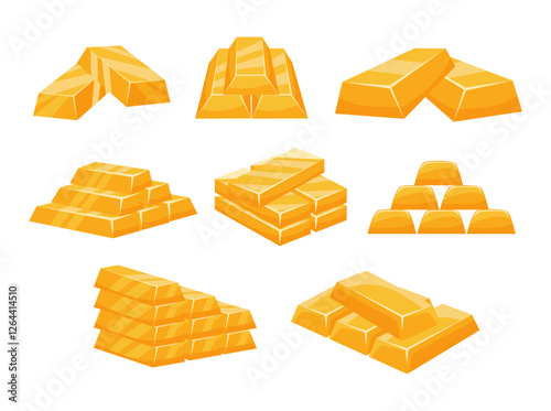 Set of gold bars icon collection, shimmering golden bricks, stacked pure gold ingots, bullions golden treasury luxury rich cartoon, isolated on white background, flat vector illustration.