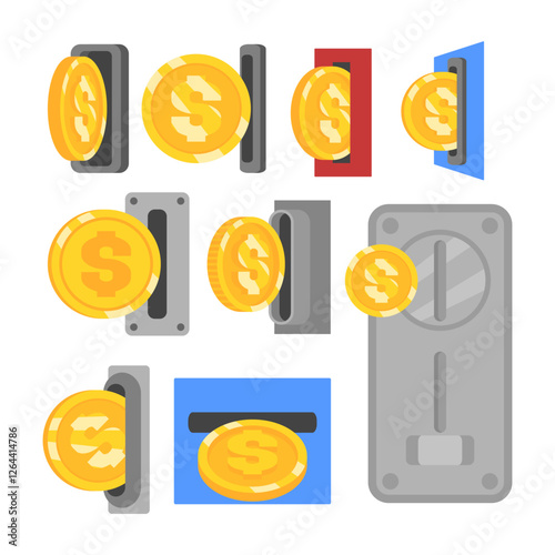 Set of insert coin collection, inserting coin to a slot on vending machine cartoon, bank or financial investment concept, gold coin putting, isolated on white background, flat vector illustration.