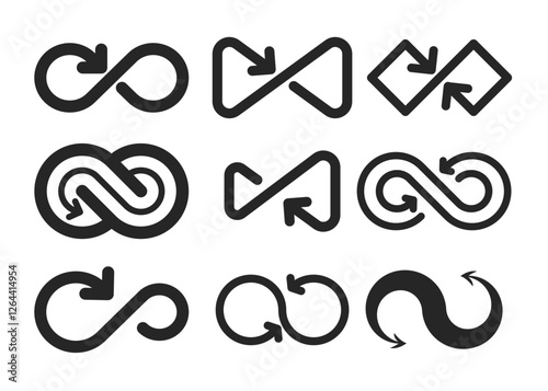 Set of infinity arrow icon collection, infinity symbol, symbolizing endless movement and direction. Perfect for logos, business concepts, navigation, and design elements. flat vector illustration.