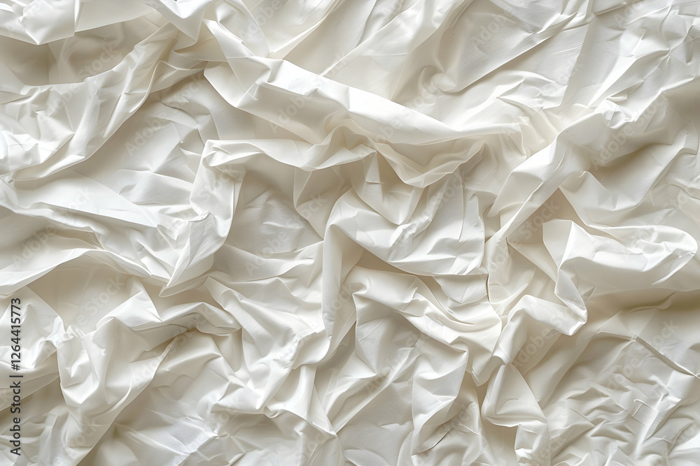 Crumpled white fabric texture showcasing intricate folds and shadows for design and textile use Crumpled white fabric texture showcasing intricate folds and shadows for design and textile use