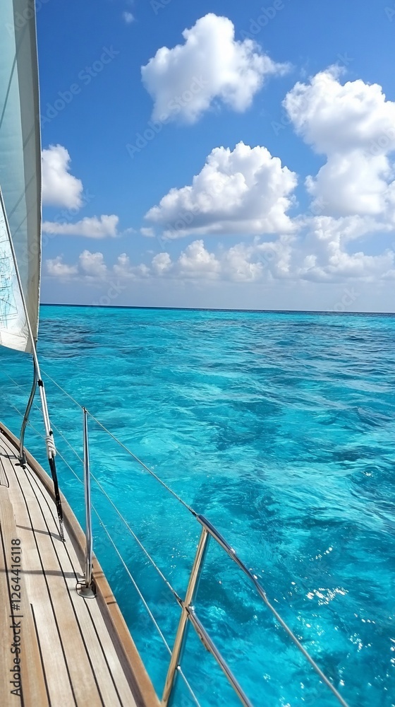 Obraz premium Sailing yacht, turquoise ocean, sunny sky, clouds. Travel brochure