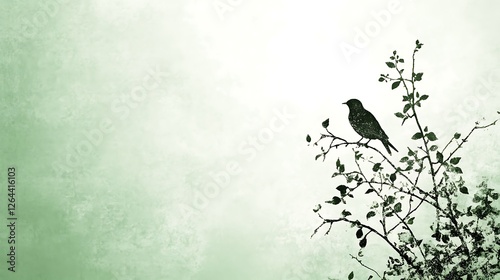 Silhouette Bird Perched On Leafy Branch Against Green Background