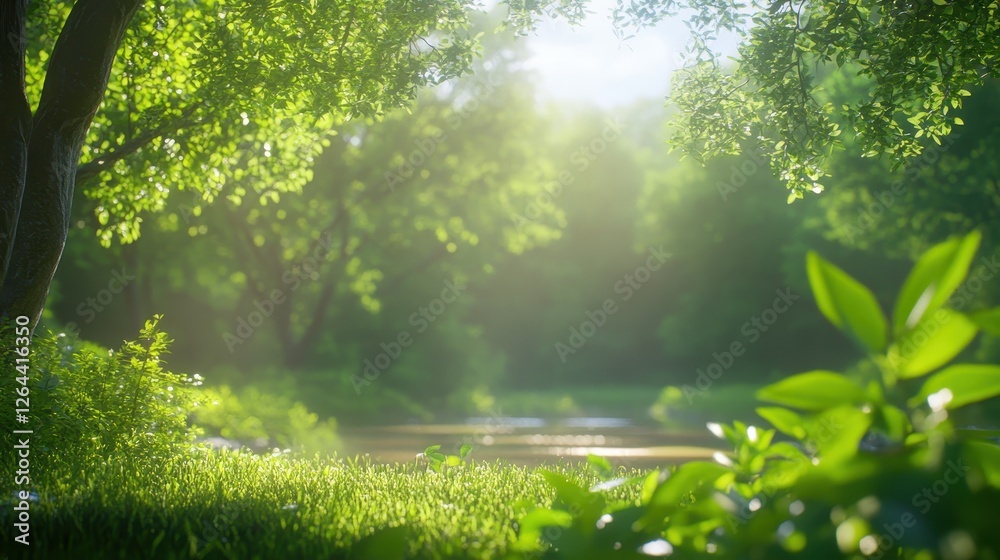 Serene Forest Tranquility: Sunlight Peeking Through Lush Greenery Serene Forest Tranquility: Sunlight Peeking Through Lush Greenery
