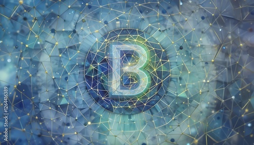 Abstract Futuristic Cryptocurrency Bitcoin Network with a 3D B Symbol