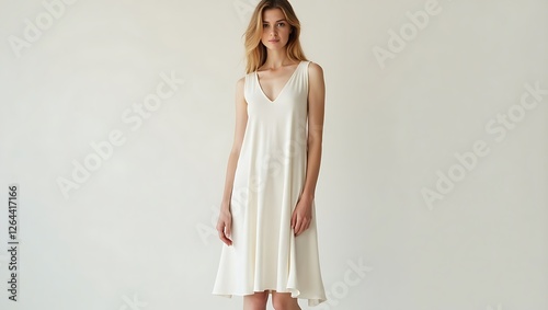 Elegant Woman in a Cream Dress: Studio Fashion Photography