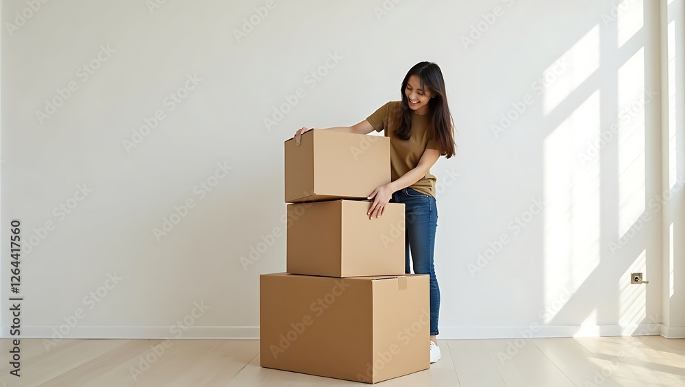 Happy Young Woman Unpacking Cardboard Boxes in New Home Happy Young Woman Unpacking Cardboard Boxes in New Home