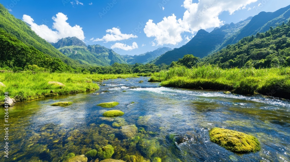 Serene River Flows Through Lush Valley with Majestic Mountains and Wildlife Serene River Flows Through Lush Valley with Majestic Mountains and Wildlife