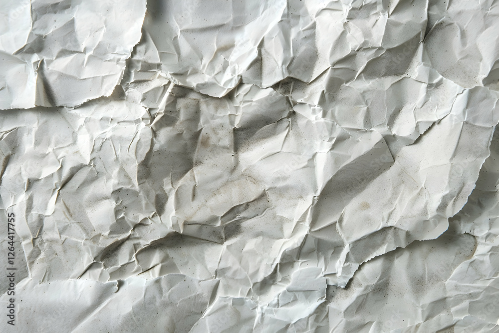 Fototapeta premium Crumpled white paper texture showcasing intricate folds and shadows, suitable for backgrounds