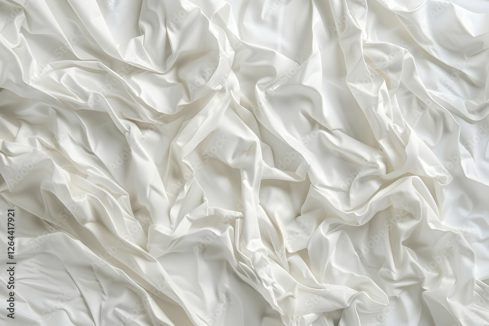 Soft, crumpled white fabric draped artistically, creating elegant folds and shadows, ideal for backgrounds