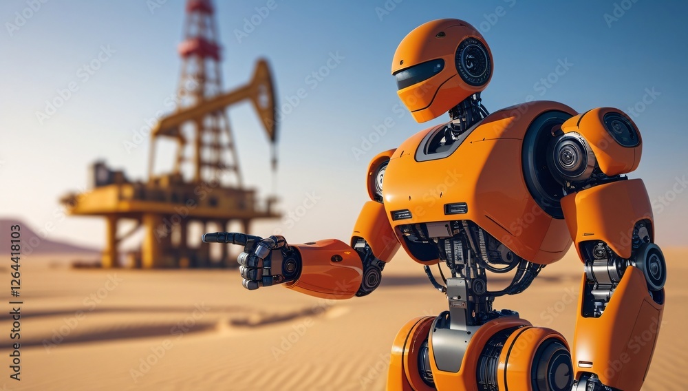 robot, droid, oil rig, pointing robot, oil rig, sea rig, technology, future, modern, machinery, industry, import, export, fuel, desert rig, sea, sand, ocean, oil, electricity, illustration, electronic