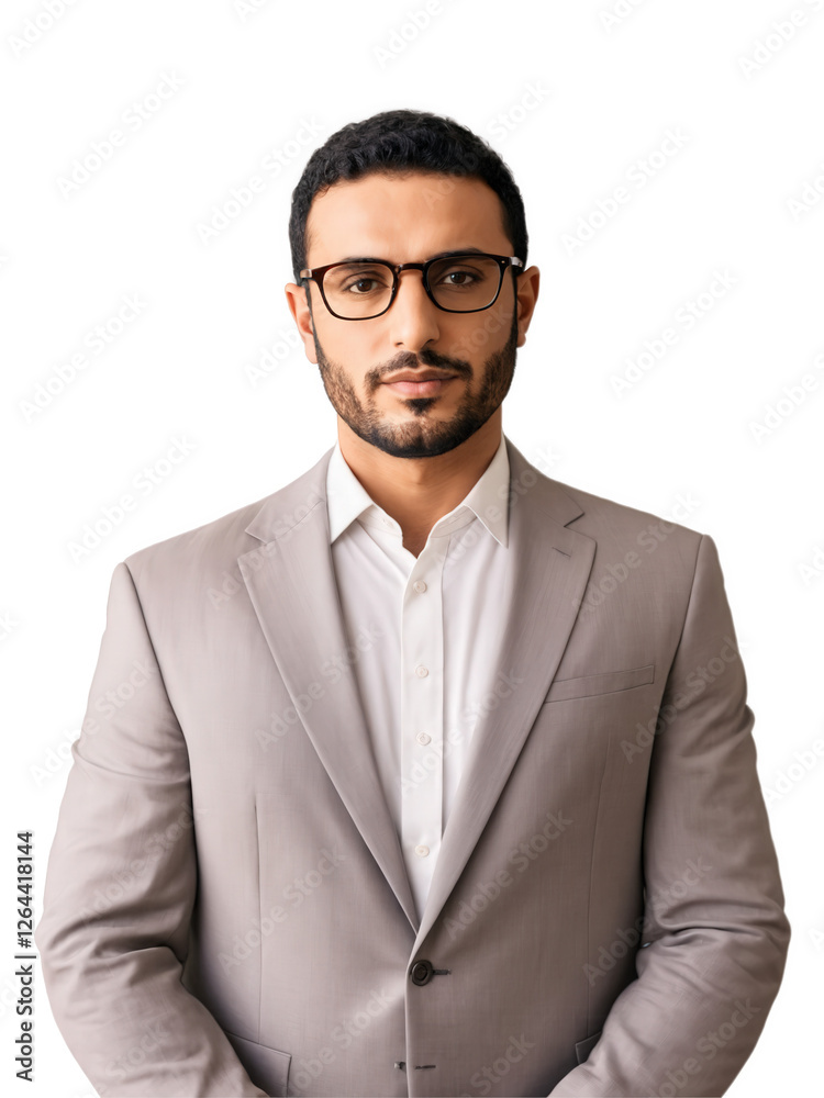 Close-up of Middle Eastern man in glasses, calm and inviting, soft lighting, transparent background. Close-up of Middle Eastern man in glasses, calm and inviting, soft lighting, transparent background.