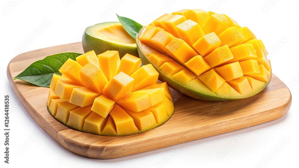 Fresh Mango Slices on Wooden Cutting Board - Two fresh mangoes sliced into cubes, placed on a wooden cutting board with green leaves for decoration.
Fresh Mango Slices on Wooden Cutting Board - Two fresh mangoes sliced into cubes, placed on a wooden cutting board with green leaves for decoration.