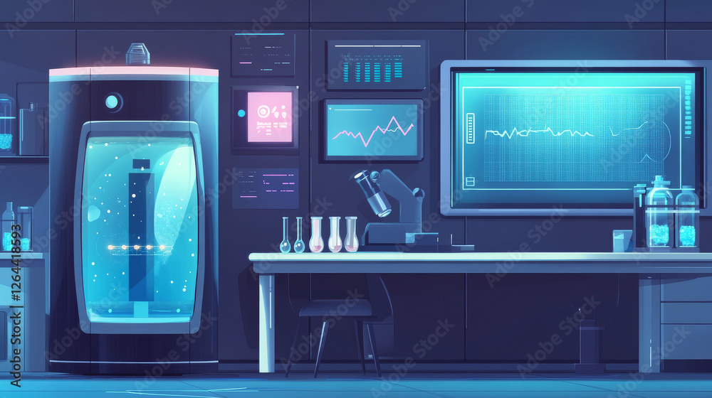 Obraz premium Cryonics laboratory empty interior with equipment and technics, cryo camera with low temperature regime, digital screen with graphs, desk with microscope and glass flasks, Cartoon vector illustration