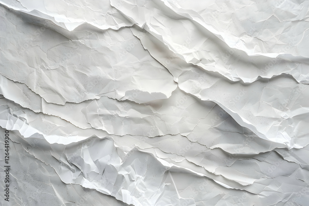 Fototapeta premium Crumpled white paper texture with intricate folds and shadows, ideal for backgrounds and design