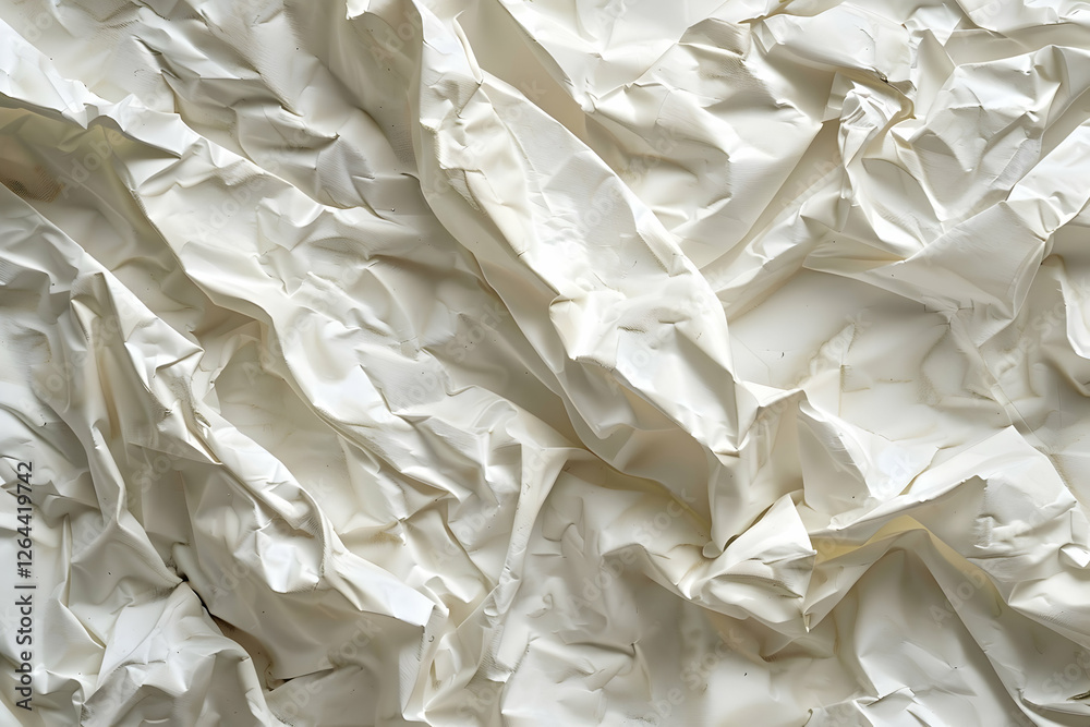 Obraz premium Crumpled white paper texture showcasing intricate folds and shadows for creative backgrounds