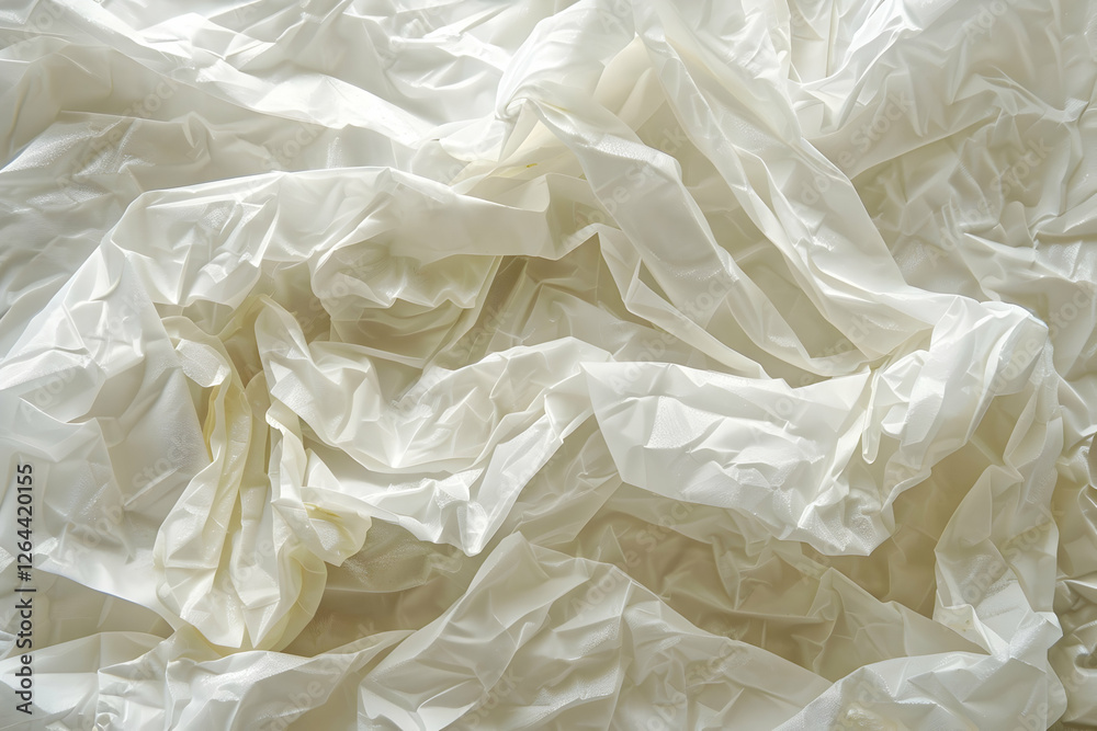Crumpled white fabric texture showcasing intricate folds and shadows, ideal for backgrounds or textile design Crumpled white fabric texture showcasing intricate folds and shadows, ideal for backgrounds or textile design