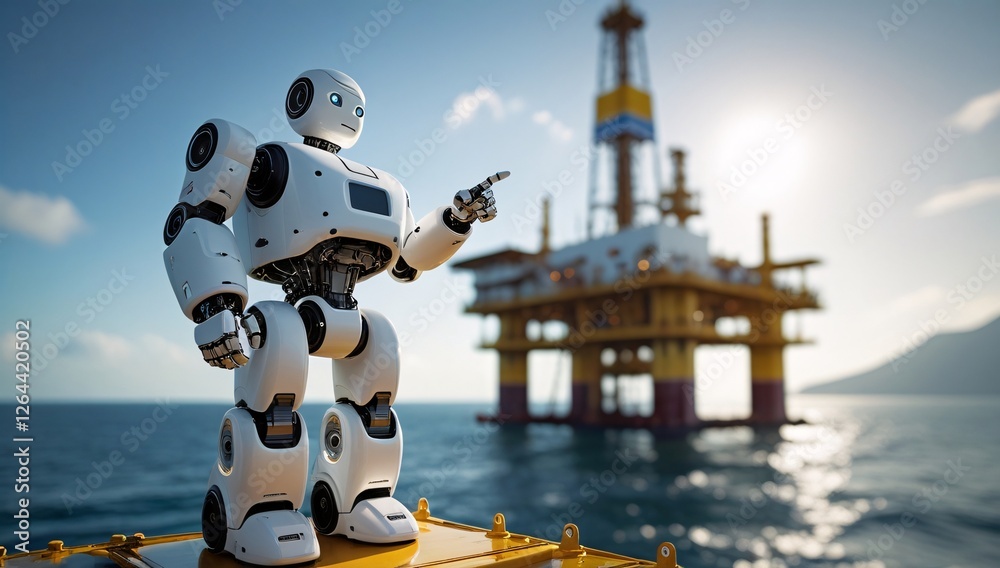 Naklejka premium robot, droid, oil rig, pointing robot, oil rig, sea rig, technology, future, modern, machinery, industry, import, export, fuel, desert rig, sea, sand, ocean, oil, electricity, illustration, electronic