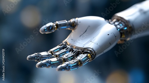 Robotic hand offering help; futuristic tech background