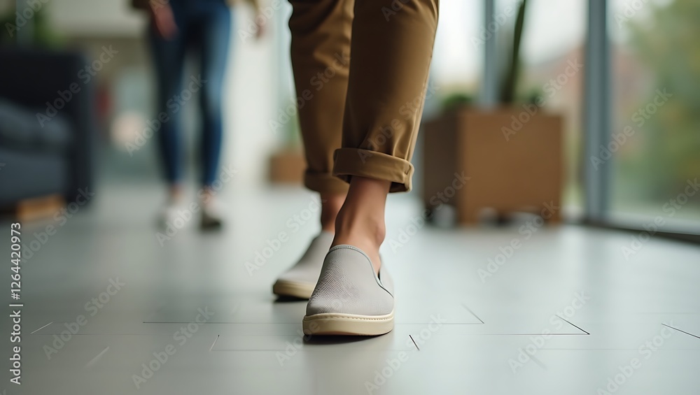 Gray Slip-on Shoes on Modern Floor, Casual Fashion and Comfort Gray Slip-on Shoes on Modern Floor, Casual Fashion and Comfort