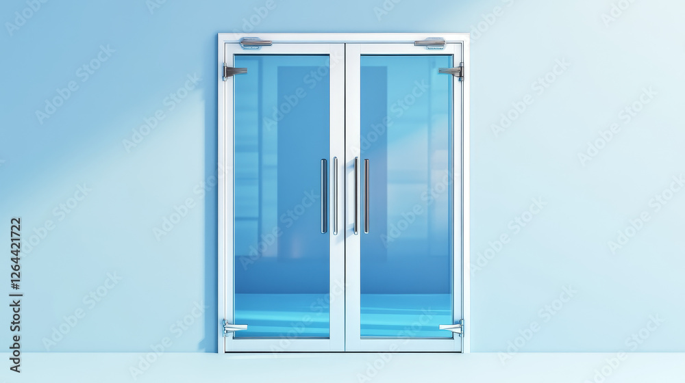 Glass doors with metal handles. Close and open office entrance, boutique facade, shop or store doorway isolated on transparent background. Modern interior design element, realistic 3d vector entry