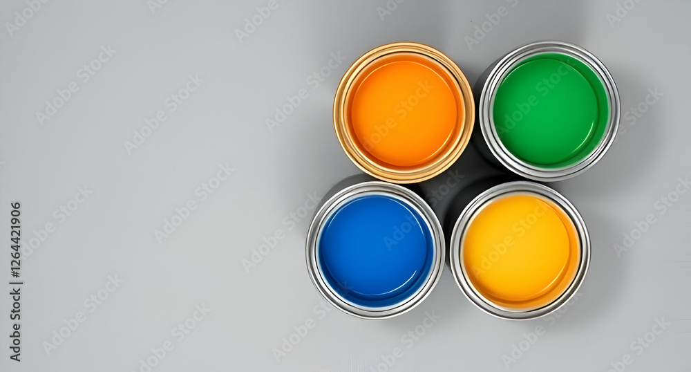 Open different colors paint cans on grey background, top view, AI
Open different colors paint cans on grey background, top view, AI