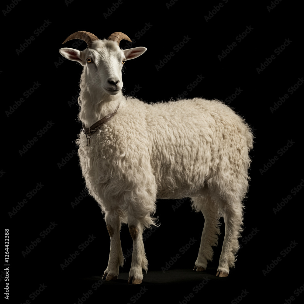 A white goat with small horns and a collar stands against a black background A white goat with small horns and a collar stands against a black background