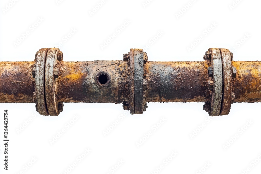 Rusty pipe with three flange connections shows significant corrosion. Illustrates aging infrastructure, decay, or industrial neglect. Rusty pipe with three flange connections shows significant corrosion. Illustrates aging infrastructure, decay, or industrial neglect.