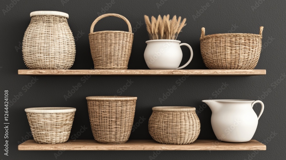 Wicker baskets and pots displayed on wooden shelves Wicker baskets and pots displayed on wooden shelves