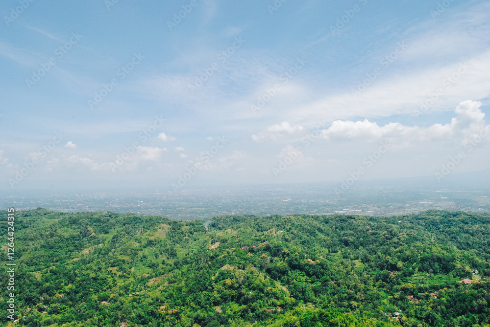 Fototapeta premium Top view of mountains with green forest landscape on a sunny day with blue sky. Aerial view of pine trees in the mountains. Adventure travel concept background.